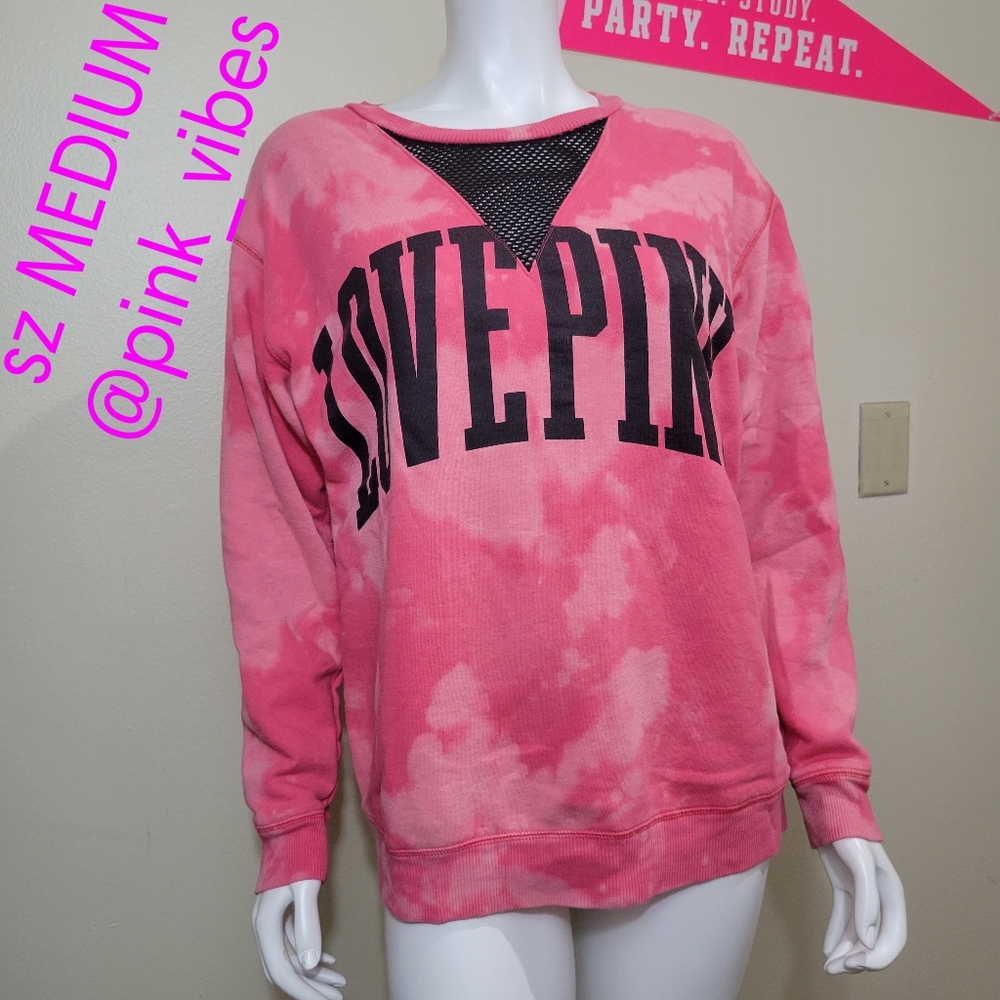 VS PINK M Custom Bleach Dyed Mesh Logo Crewneck